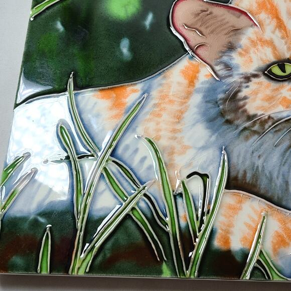 VTG Whimsical Orange Tabby Cat Handmade Ceramic Tile - Unique Cat Wall Art (8x8) - Picture 4 of 9
